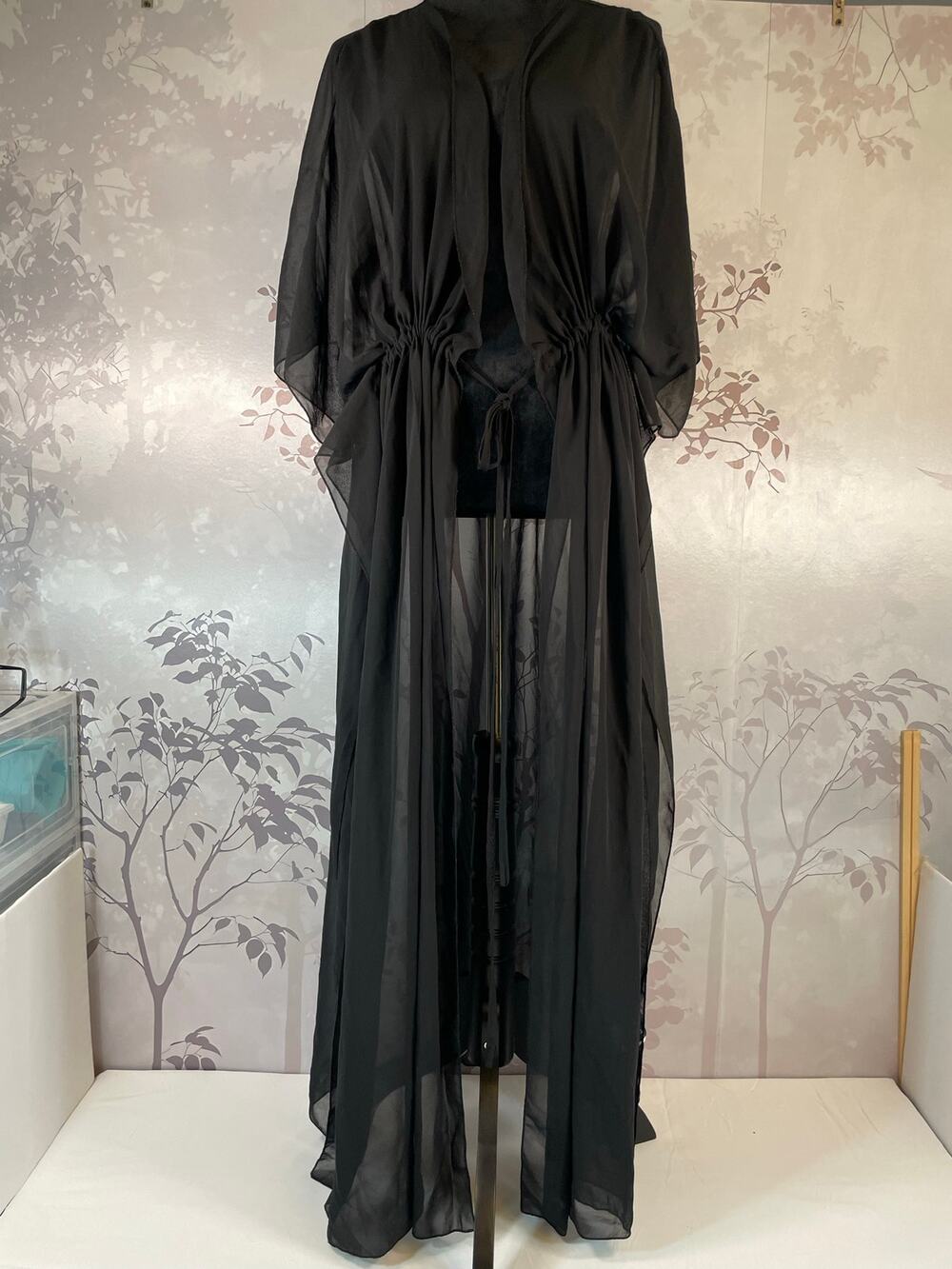 Time Tru Black Sheer Kimono Swimwear Cover Up Tie Waist Cardigan Beach ONE SIZE